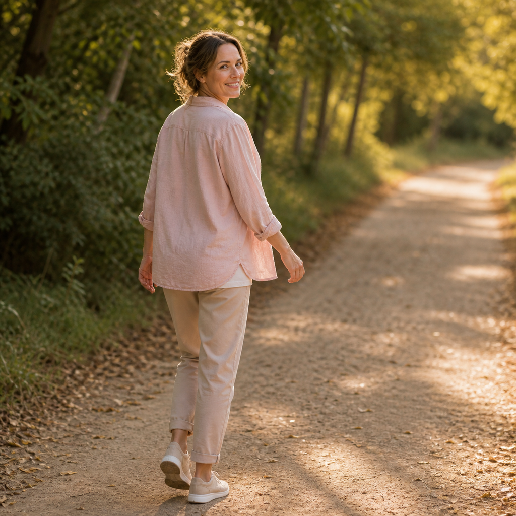 A woman walking a tree-lined path in early morning light
