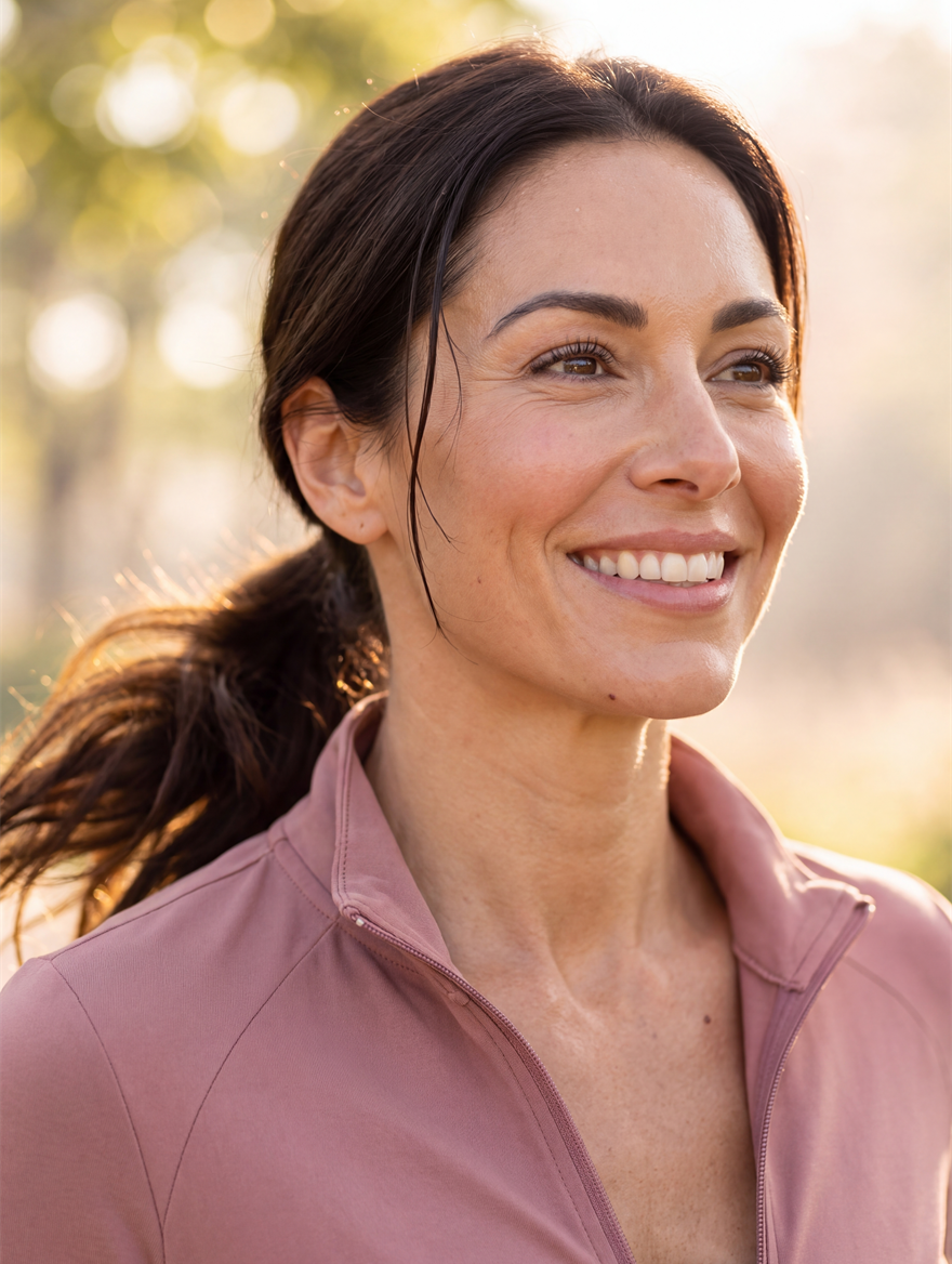 Close-up of a smiling woman in a dusty rose running jacket mid-run on a sunlit morning path