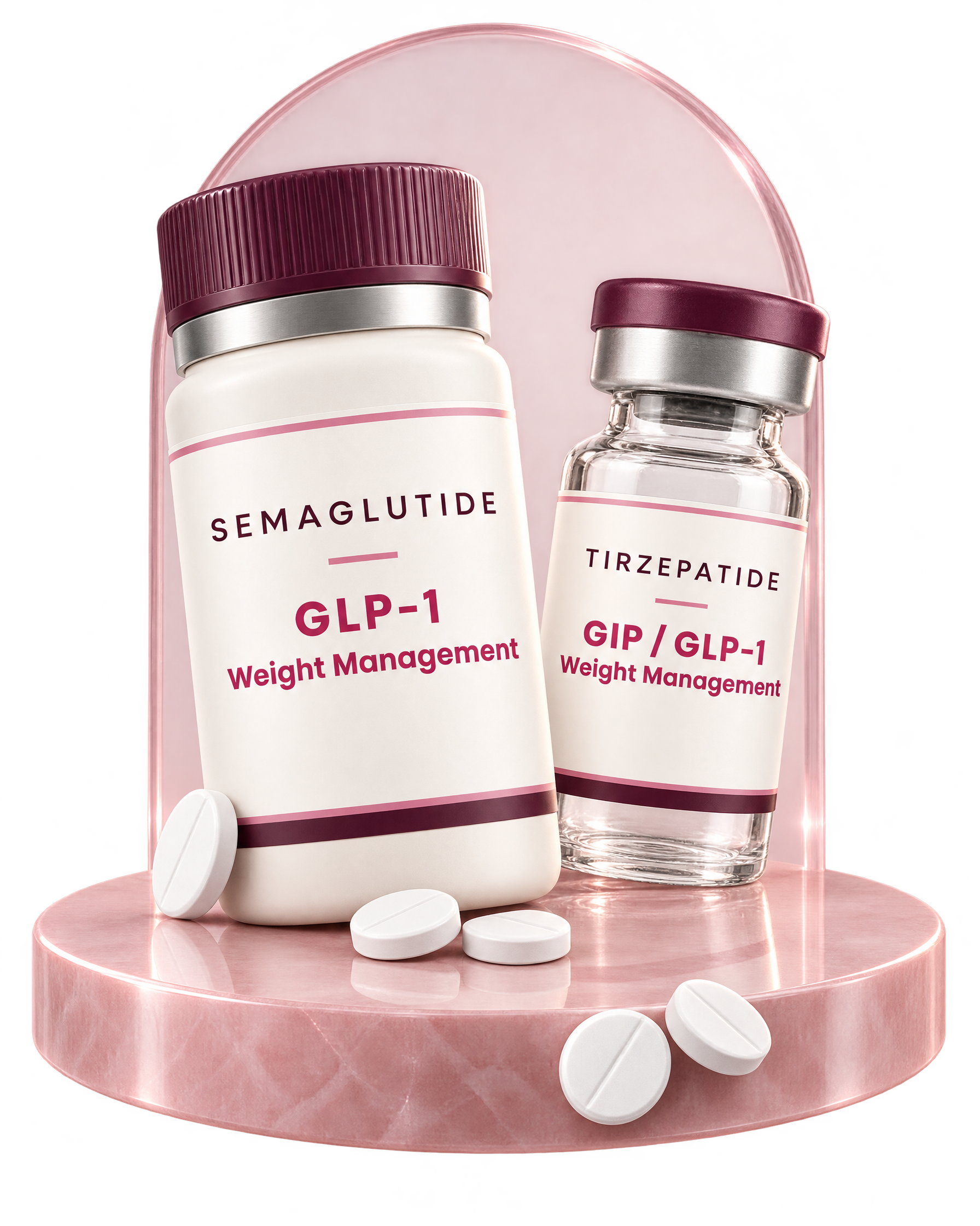 Semaglutide tablet bottle and tirzepatide vial staged on a blush stone plinth with tablets scattered around them