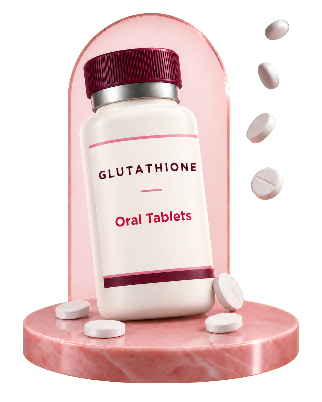 Glutathione oral tablet bottle on a blush stone plinth with tablets scattered around it