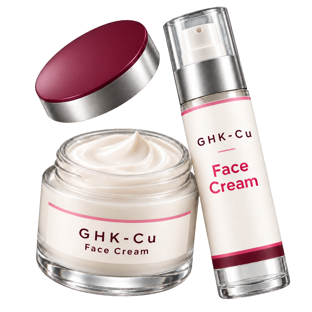 GHK-Cu face cream jar and pump bottle