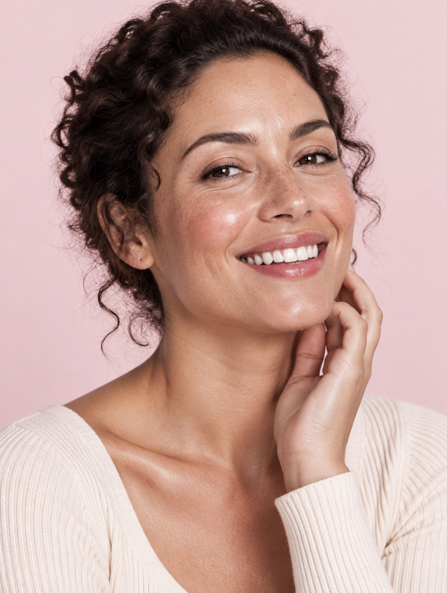 A smiling woman with glowing freckled skin touching her jawline against a blush pink wall