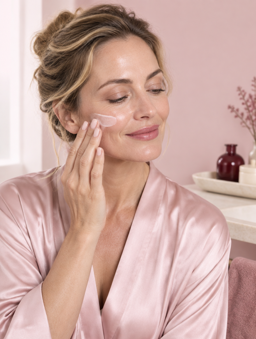 A woman in a blush silk robe smoothing moisturizer onto her cheek in a soft pink bathroom